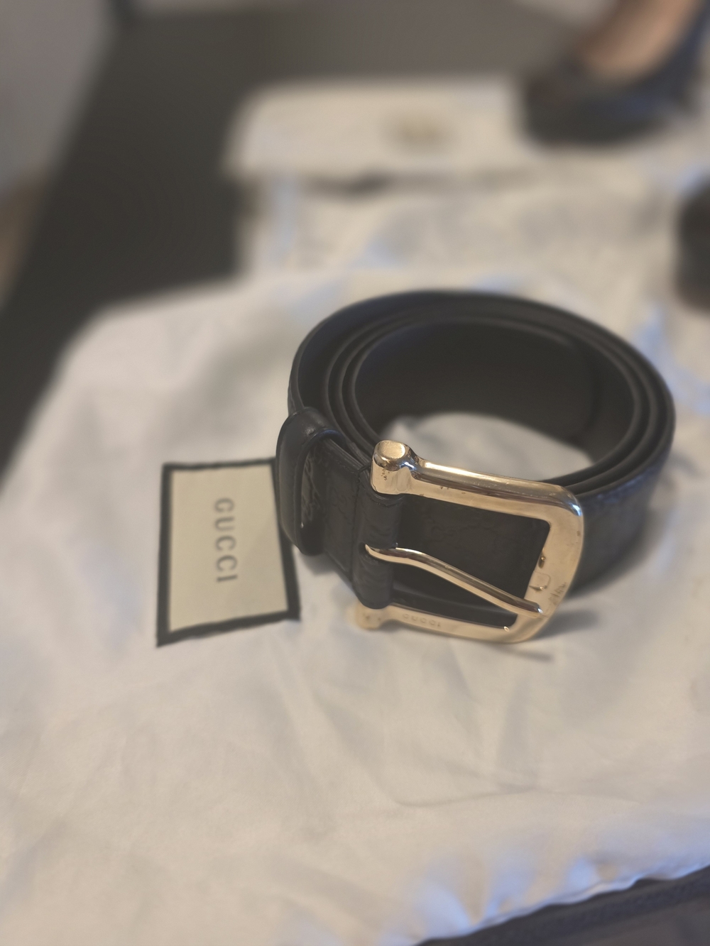 Gucci Black Leather Belt with Gold Buckle Embossed GG